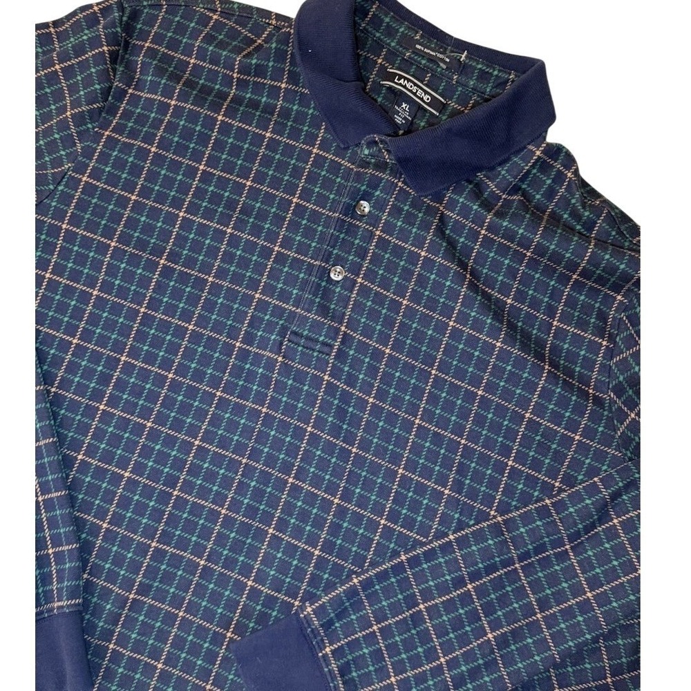 Lands End Polo Supima Long Sleeve Shirt Mens XL Navy Blue Plaid Eclectic Grandpa